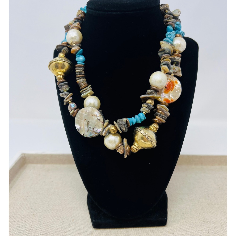 Vintage Carol Dauplaise Chunky Mother of Pearl Abalone Turquoise Beaded Necklace